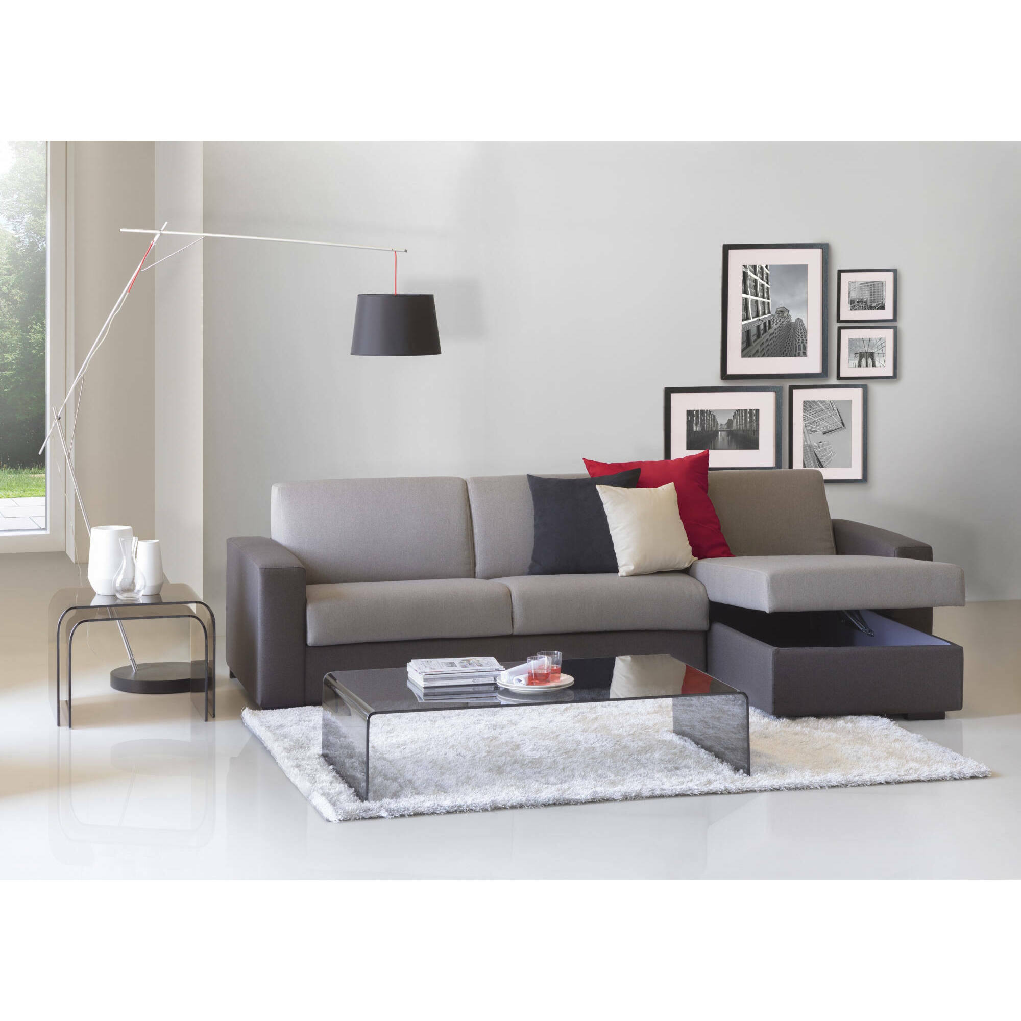 Divano fisso con penisola Azechiele, Sofà ad angolo, Penisola contenitore reversibile, Braccioli slim, 100% Made in Italy, Cm 260x95h90, Grigio bicolor