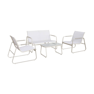 Salon de jardin blanc NOTO aluminium. 4 places. un canapé. une table. deux fauteuils textilene