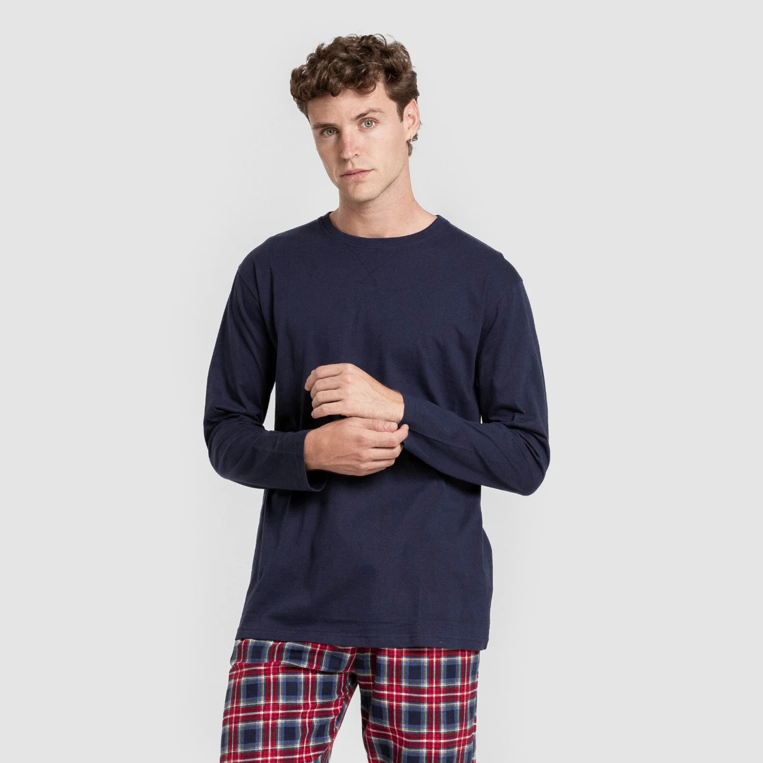 Pigiama da uomo in flanella, motivo a quadri blu navy tuc