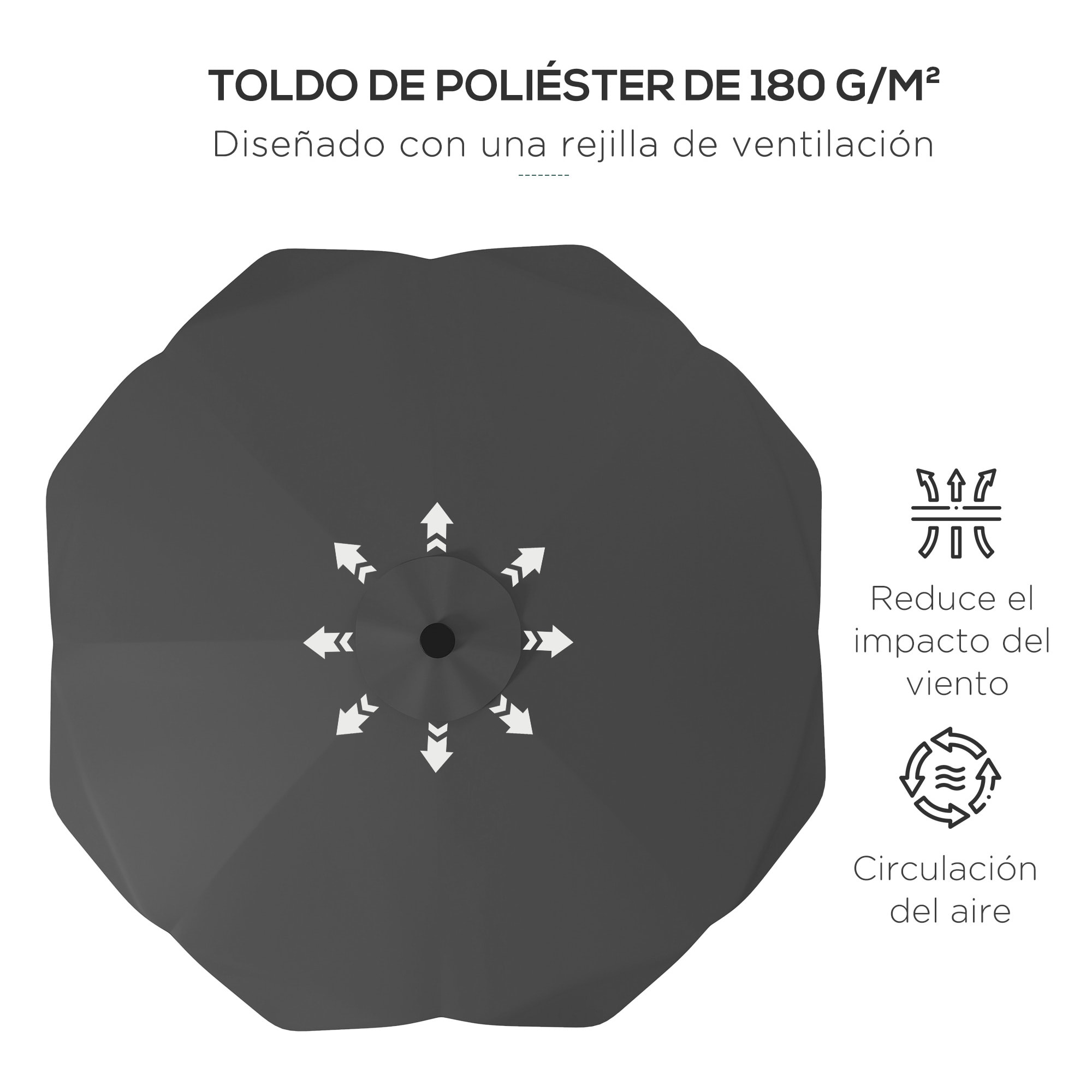 Sombrilla de Jardín Ø292x248 cm Parasol de Terraza Manual con 32 Luces LED Solares 8 Varillas Impermeable y Rejillas de Ventilación para Patio Balcón Gris Oscuro