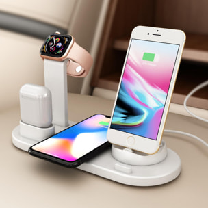 Base di ricarica 4 in 1, lightning, connessione micro USB e USB-C. Supporto per Apple Watch e supporto di ricarica per Airpods.