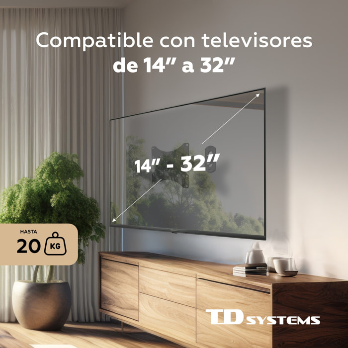 Soporte de TV pared articulado doble e inclinable de perfil bajo para pantallas de 14 a 40 pulgadas. VESA máximo de 200 x 200 mm - TD Systems P20X25A222