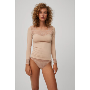 T-shirt a maniche lunghe con dettagli in pizzo beige