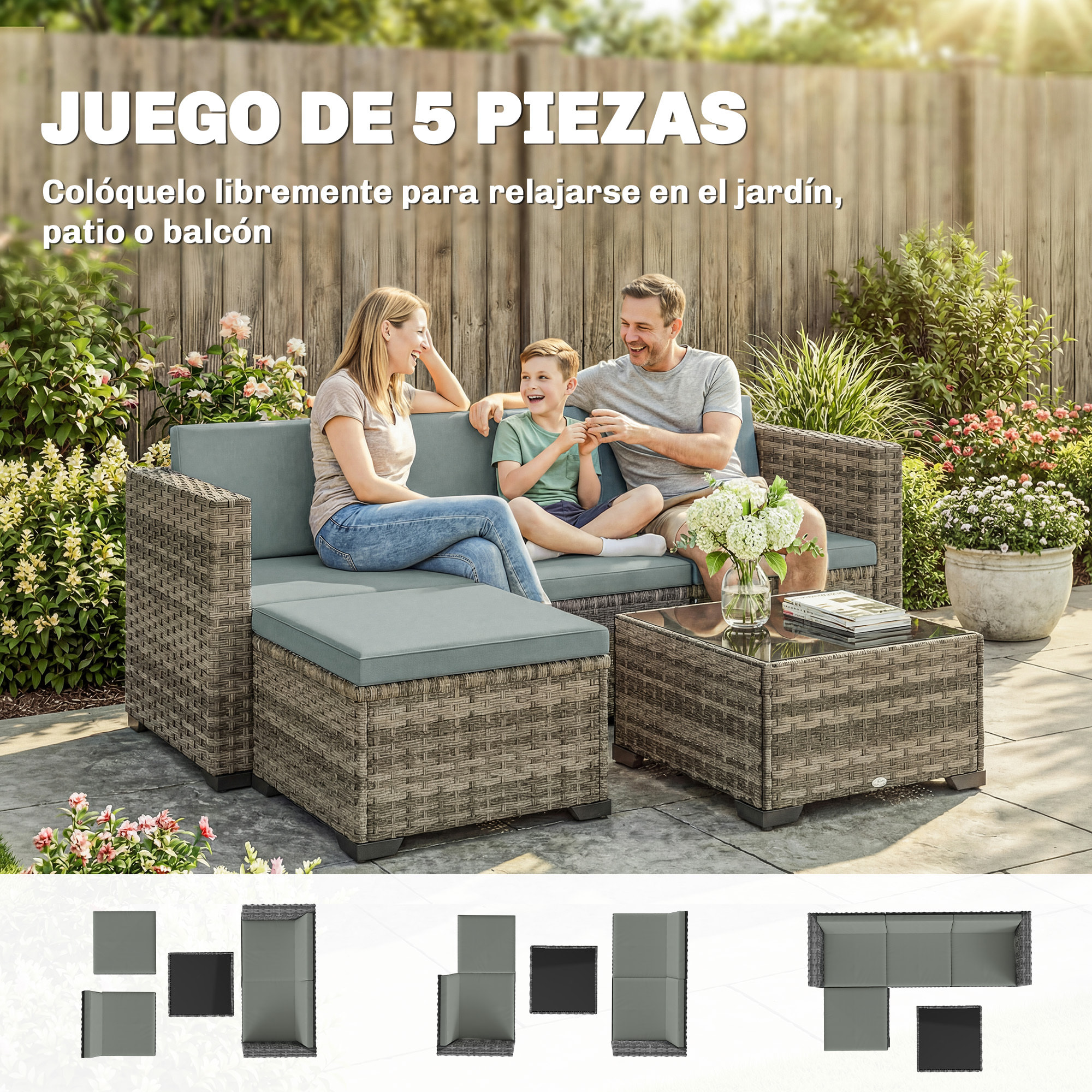Conjunto de Jardín de Ratán de 5 Piezas, Conjunto Terraza Resistente, Muebles Jardín Exterior Incluye Cojines, 2 Sillones de Esquina, Sillón sin Brazos, Reposapiés y Mesa Centro, Gris Claro