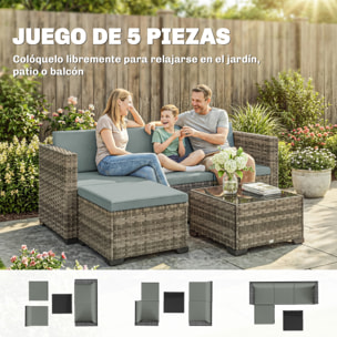 Conjunto de Jardín de Ratán de 5 Piezas, Conjunto Terraza Resistente, Muebles Jardín Exterior Incluye Cojines, 2 Sillones de Esquina, Sillón sin Brazos, Reposapiés y Mesa Centro, Gris Claro