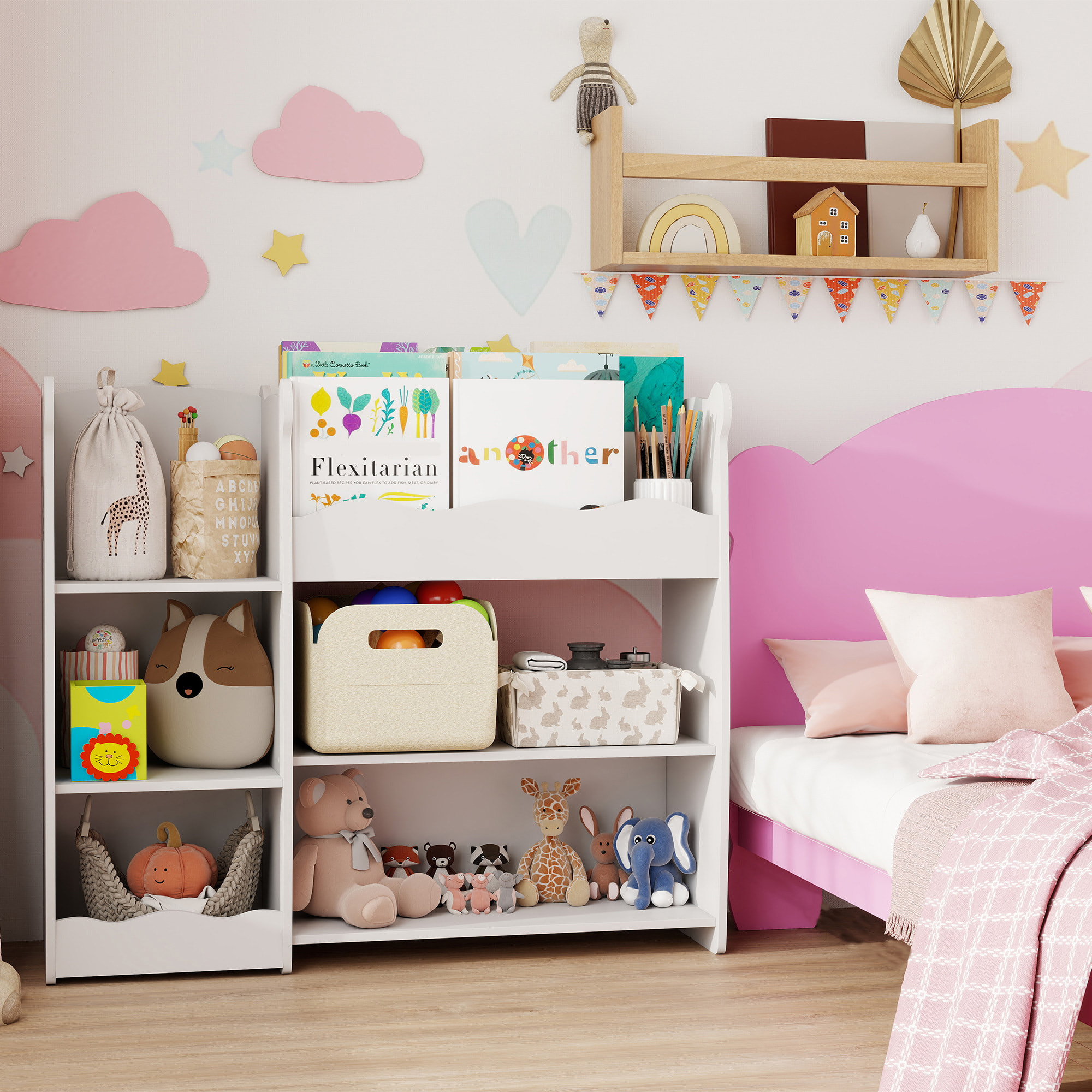 Estantería Infantil para Juguetes con Estantes Abiertos, Compartimentos, Diseño de Ositos, Organizador de Juguetes para Dormitorio, Sala de Juegos, Guardería, Blanco