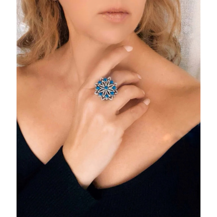 Anillo Carrusel en plata 10µm y cristal azul