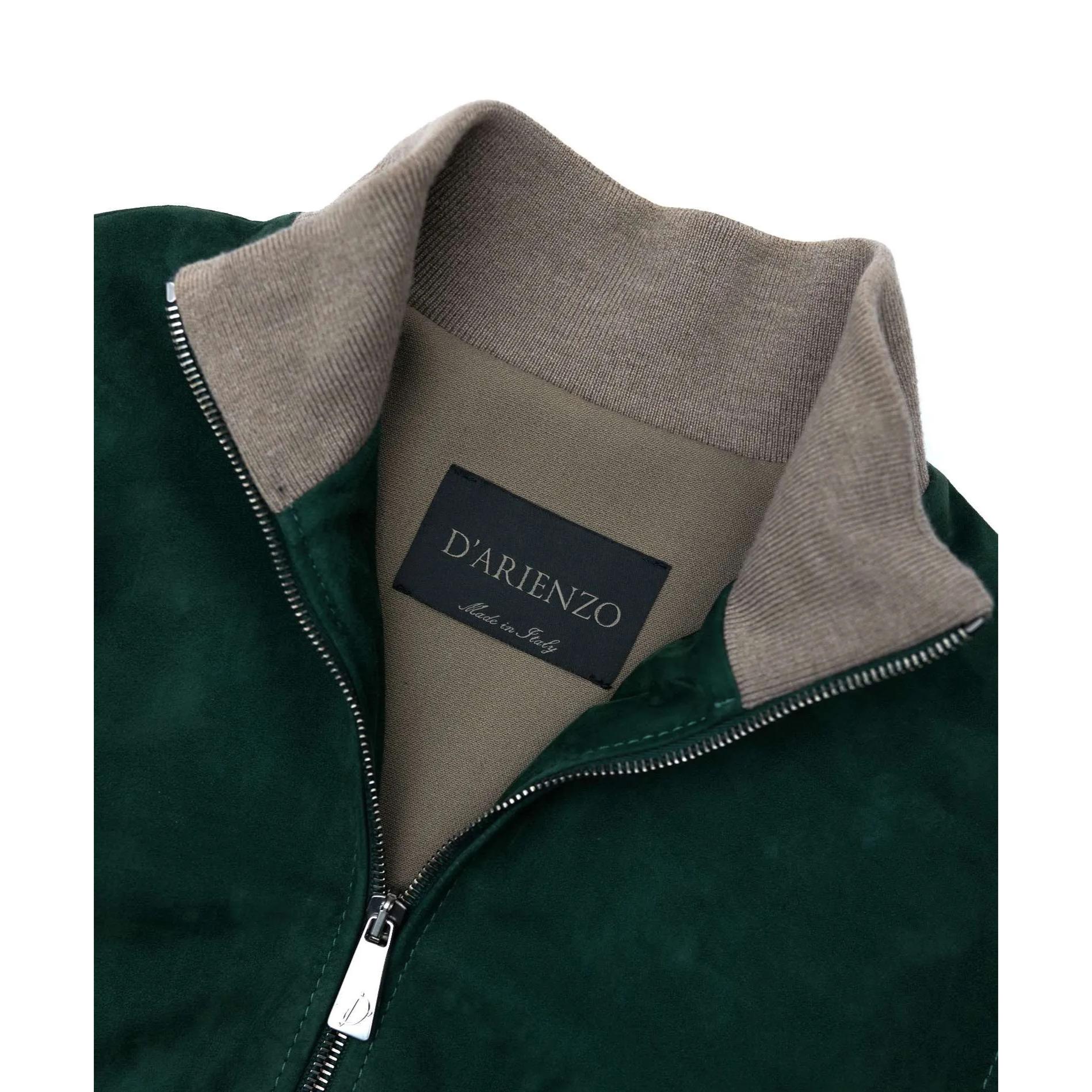 Bomber in pelle scamosciata verde collo in lana merino