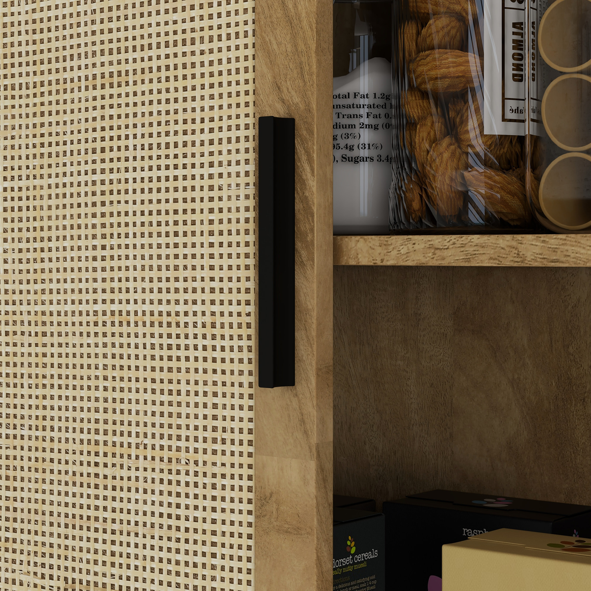 Alacena de Cocina, Mueble Auxiliar de Cocina Alta, con 4 Puertas de Ratán y Estantes Ajustables, Estilo Bohemio, Natural, 80x33x162,6 cm