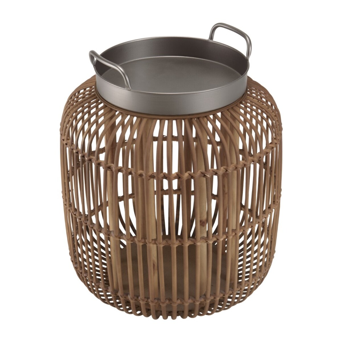 VICTOIRE - Table d'appoint cylindrique avec poignées 51x51cm plateau en métal noir piètement en rotin marron