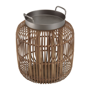 VICTOIRE - Table d'appoint cylindrique avec poignées 51x51cm plateau en métal noir piètement en rotin marron