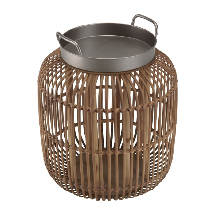 VICTOIRE - Table d'appoint cylindrique avec poignées 51x51cm plateau en métal noir piètement en rotin marron