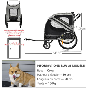 Remorque vélo jogger 2 en 1 pour animaux drapeau roue avant pivotante réflecteurs gris noir