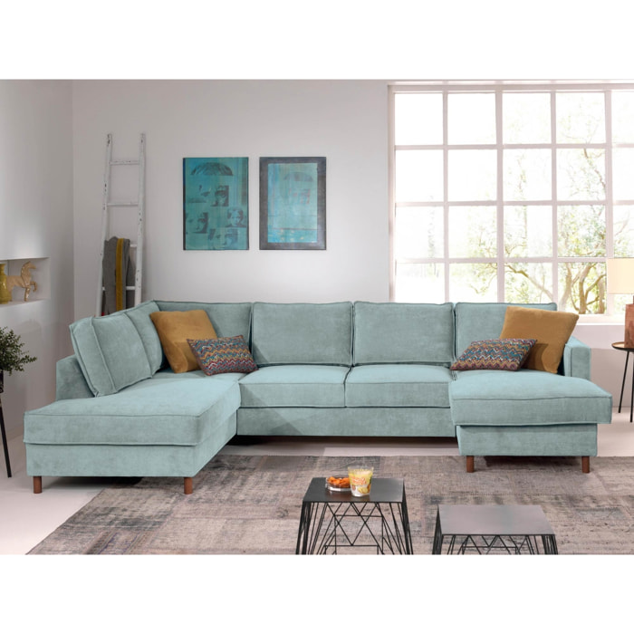 Jake - canapé panoramique d'angle gauche - convertible avec coffre - 7 places - en velours côtelé - Bleu