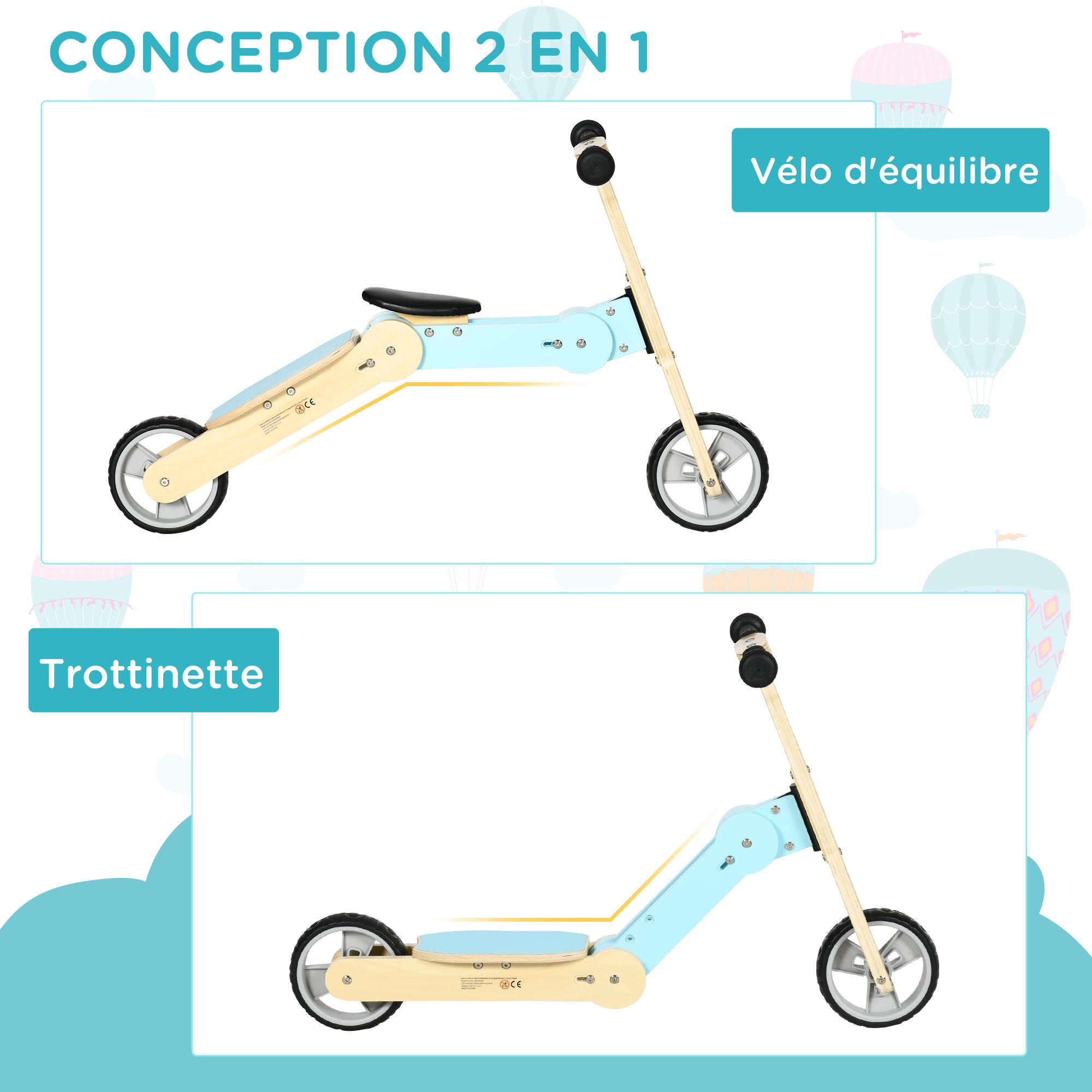 Draisienne trottinette enfant 2 en 1 - roues EVA texturées, guidon ergonomique, marche-pied antidérapant - panneaux bois bleu ciel