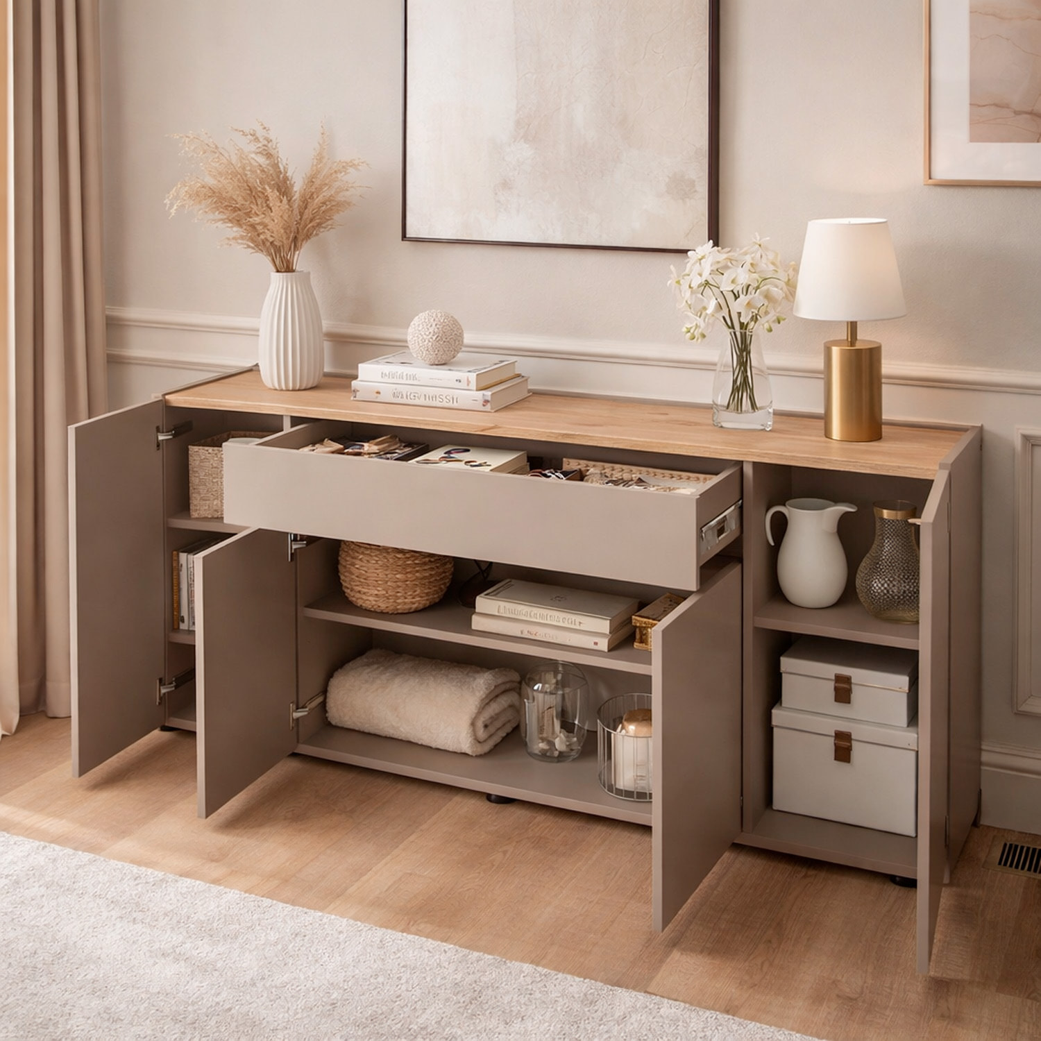 Credenza Moderna Madia Con 4 Ante E 1 Cassetto Mobile Contenitore Sala da Pranzo Soggiorno Design Senza Maniglie 170 x 85 x 40 Cm Congo E Rovere