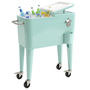 Carro de Bebidas Refrigerado 56L con Ruedas, Carro Nevera con Abrebotellas, Recogetapas y Asa, para Patio, Fiesta, Terraza, 75x35x78 cm, Verde Claro