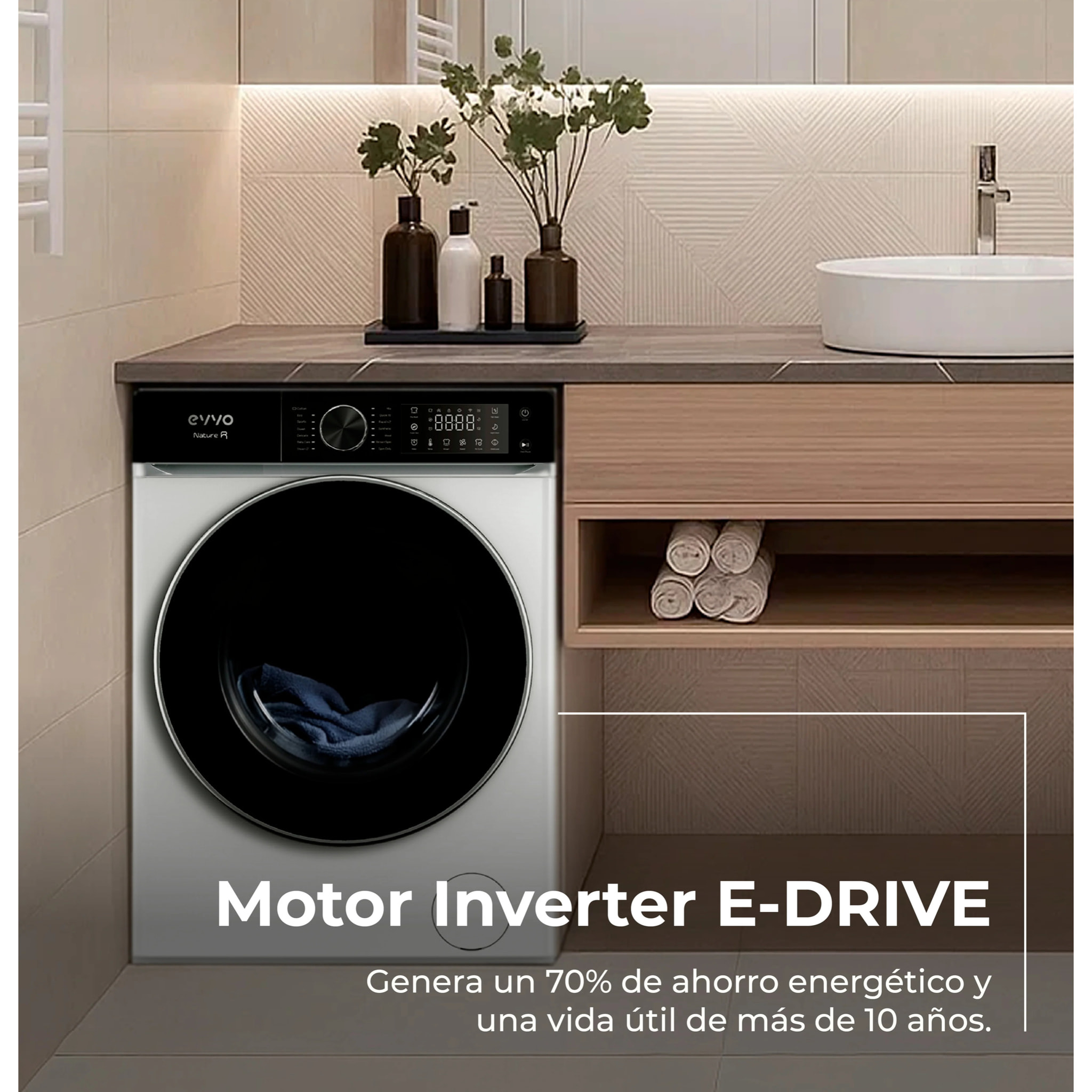 EVVO Lavadora 10 kg Nature R10, 1400 rpm, Clase A, Motor Inverter, 13 programas, vapor, Super Spa, lavado rápido, blanca