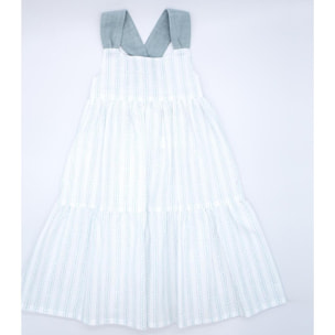 Vestido midi de flor y rayas verdes. Falda de volantes y tirantes cruzados en la espalda.