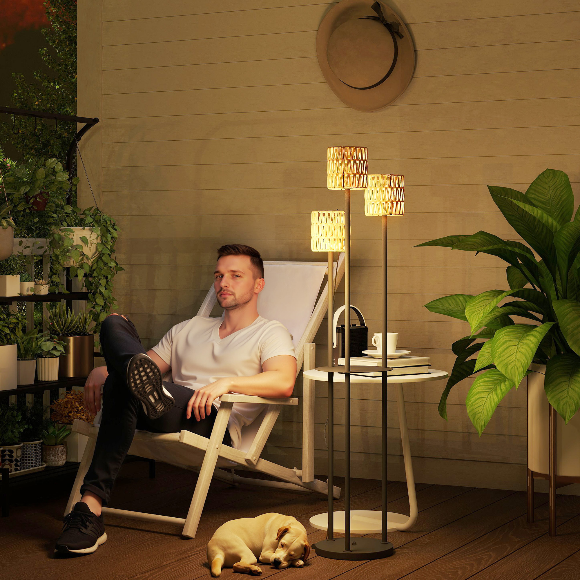 Lampadaire extérieur LED style bohème triple abat-jour résine tressée effet rotin