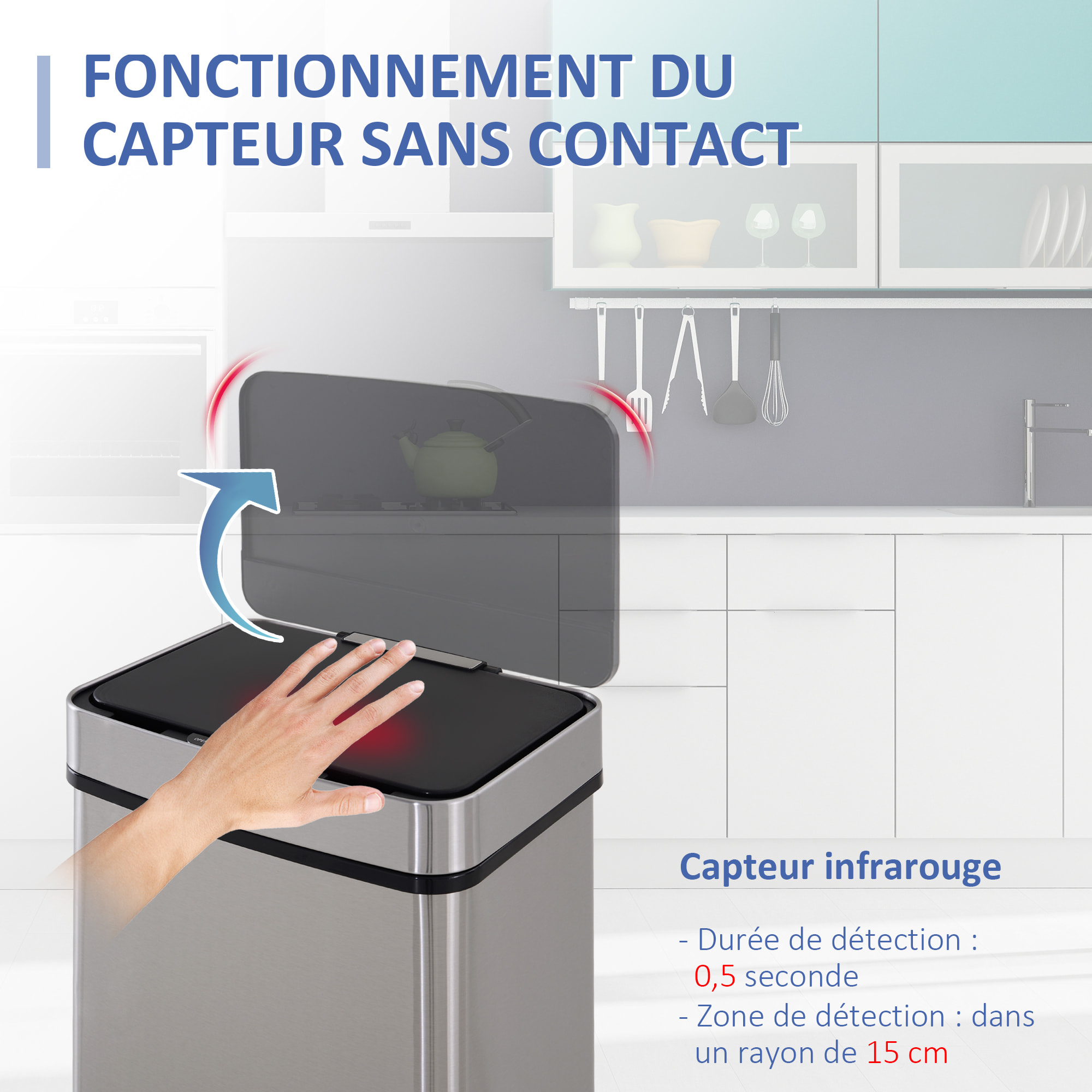 Poubelle automatique détecteur de mouvement poubelle tri selectif 3 bacs capacité totale 72L acier inox. brossé