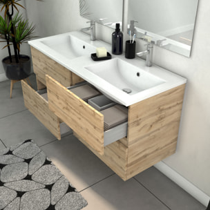 Meuble Salle de Bains 120cm 4 Tiroirs Chêne Naturel + Vasque Blanche + Miroirs avec appliques Led