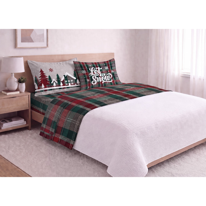 Completo Lenzuola in Morbida e Calda Flanella 100% Cotone Fantasia Tartan Verde con Casette Disegno Snow