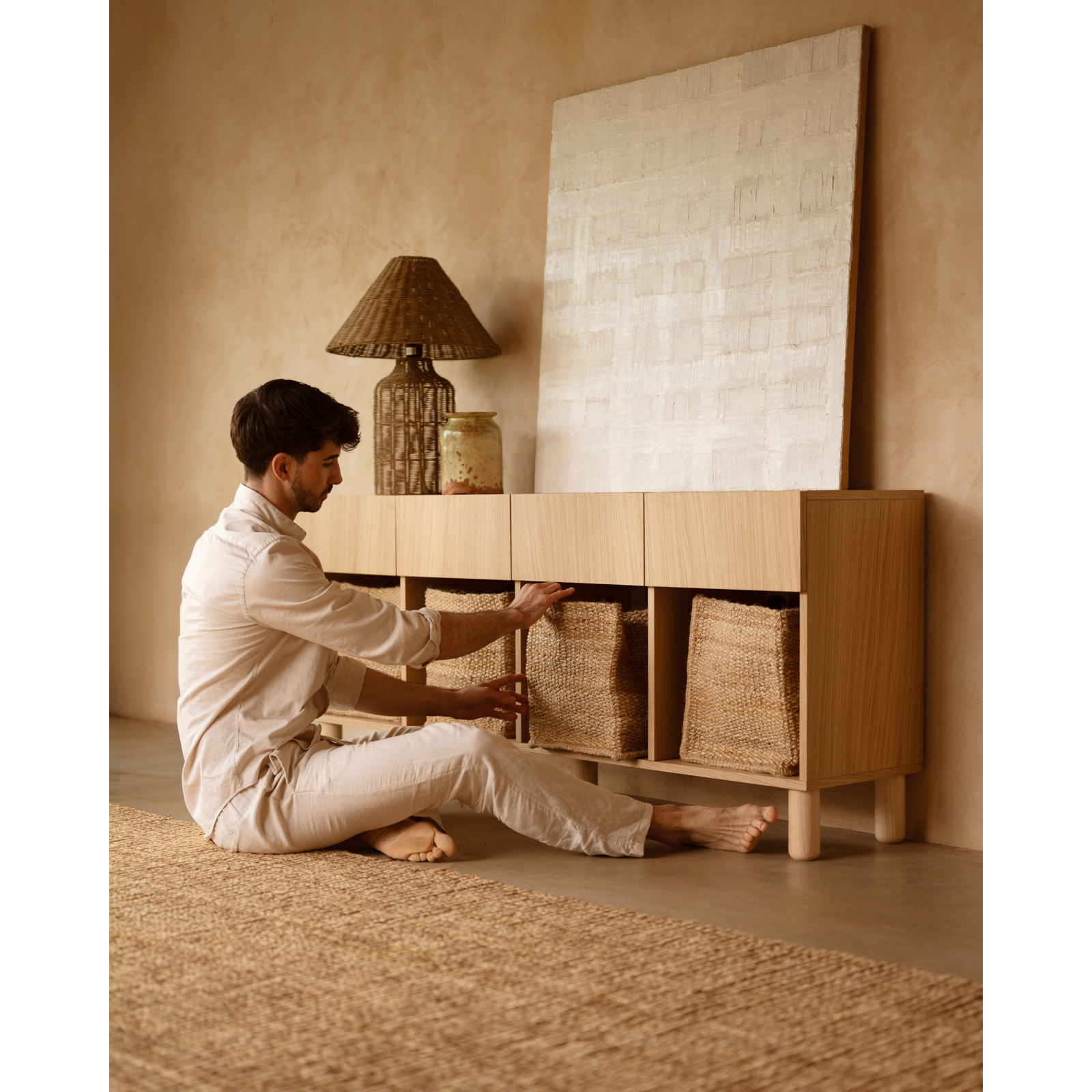 Buffet avec 4 tiroirs en bois de placage de chêne naturel de 176x40cm Hauteur: 75 Longueur: 176 Largeur: 40