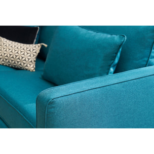 Canapé convertible scandinave 3 places en tissu bleu canard et bois clair avec matelas 10 cm PAPEL