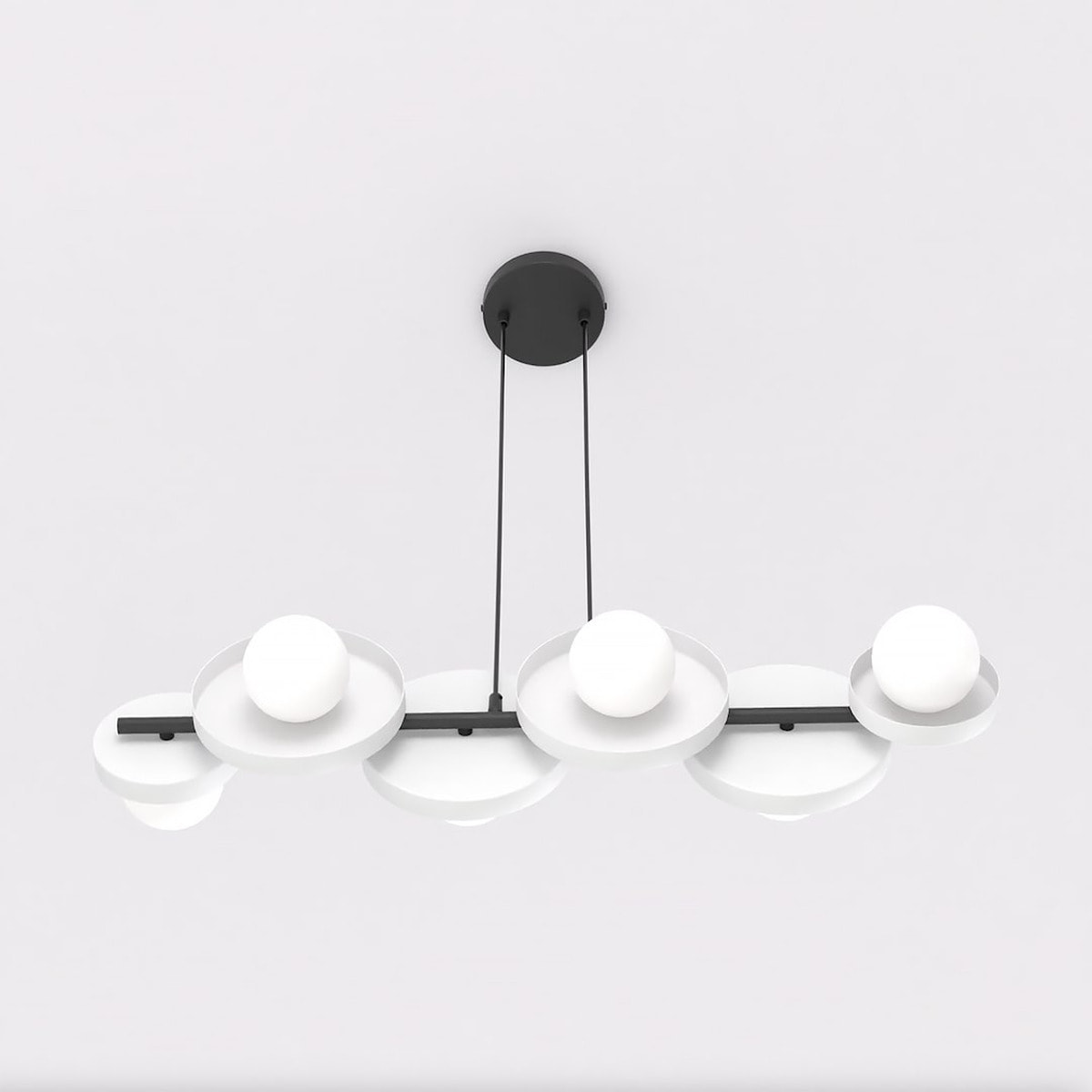Lampada a sospensione Model con struttura in acciaio nero e diffusori bianchi