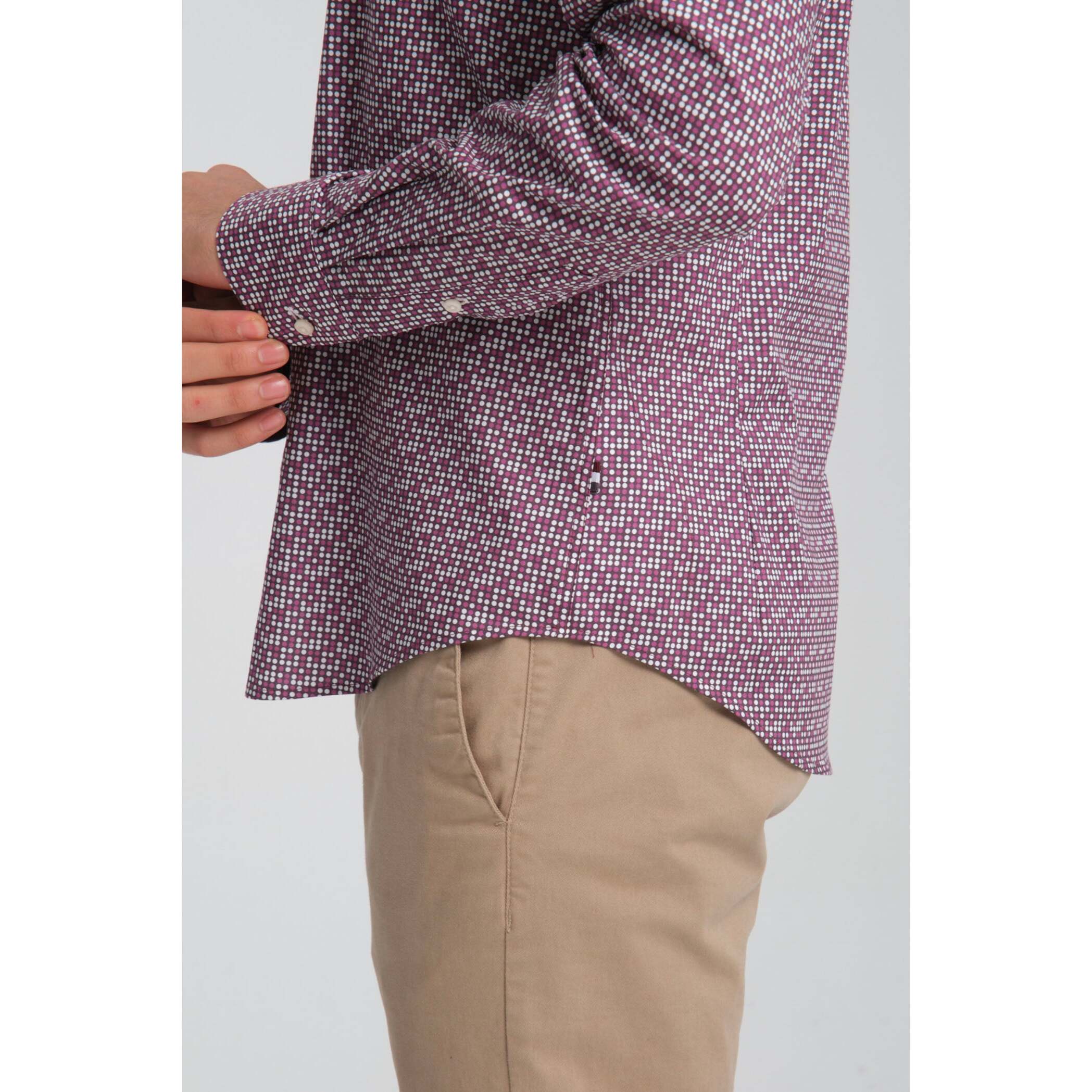 camicia uomo 1 bottone button down slim Popeline Stretch Stampato viola melanzana e viola ciclamino