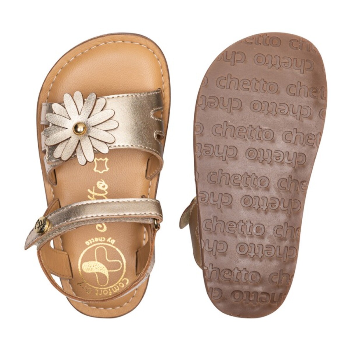 SANDALIA BAREFOOT ORO – FLOR METÁLICA Y DESTELLOS DORADOS