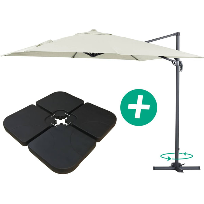 Parasol jardin déporté Alu "Sun 3" - Carré - 3 x 3 m - Ecru - Dalles incluses