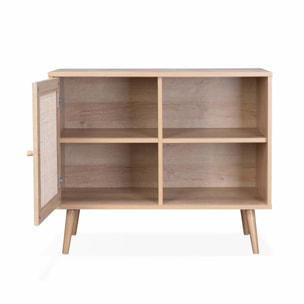 Meuble de rangement en cannage 80x39x65.8cm  Bohème - Naturel -  2 niveaux - 1 porte -  pieds scandinaves. buffet bas