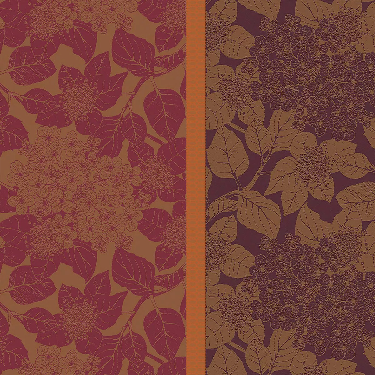 Serviette pur coton motif jacquard bordeaux orange Hortensias rouille