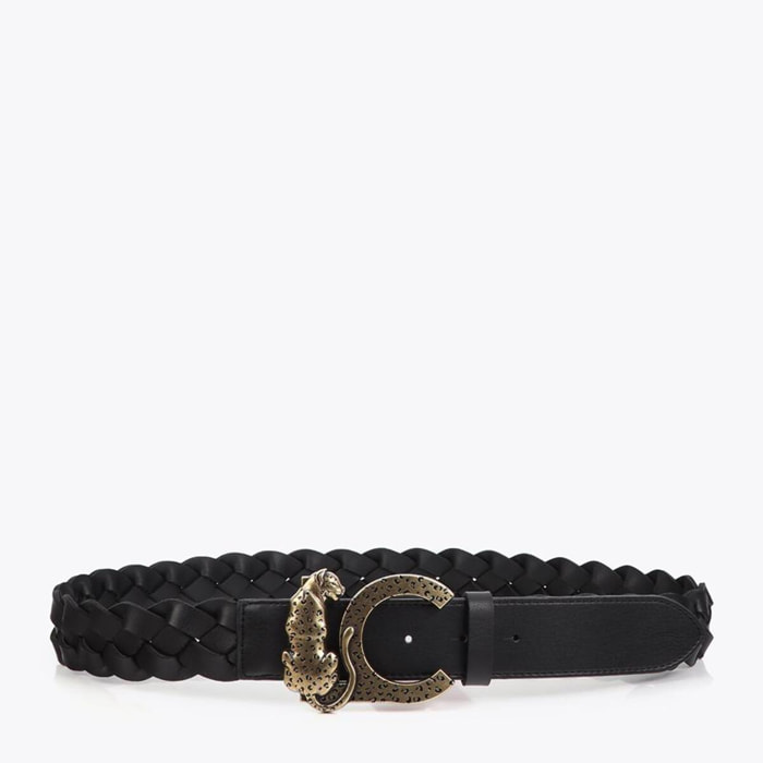 Cintura reversibile in similpelle intrecciata con fibbia con logo animale