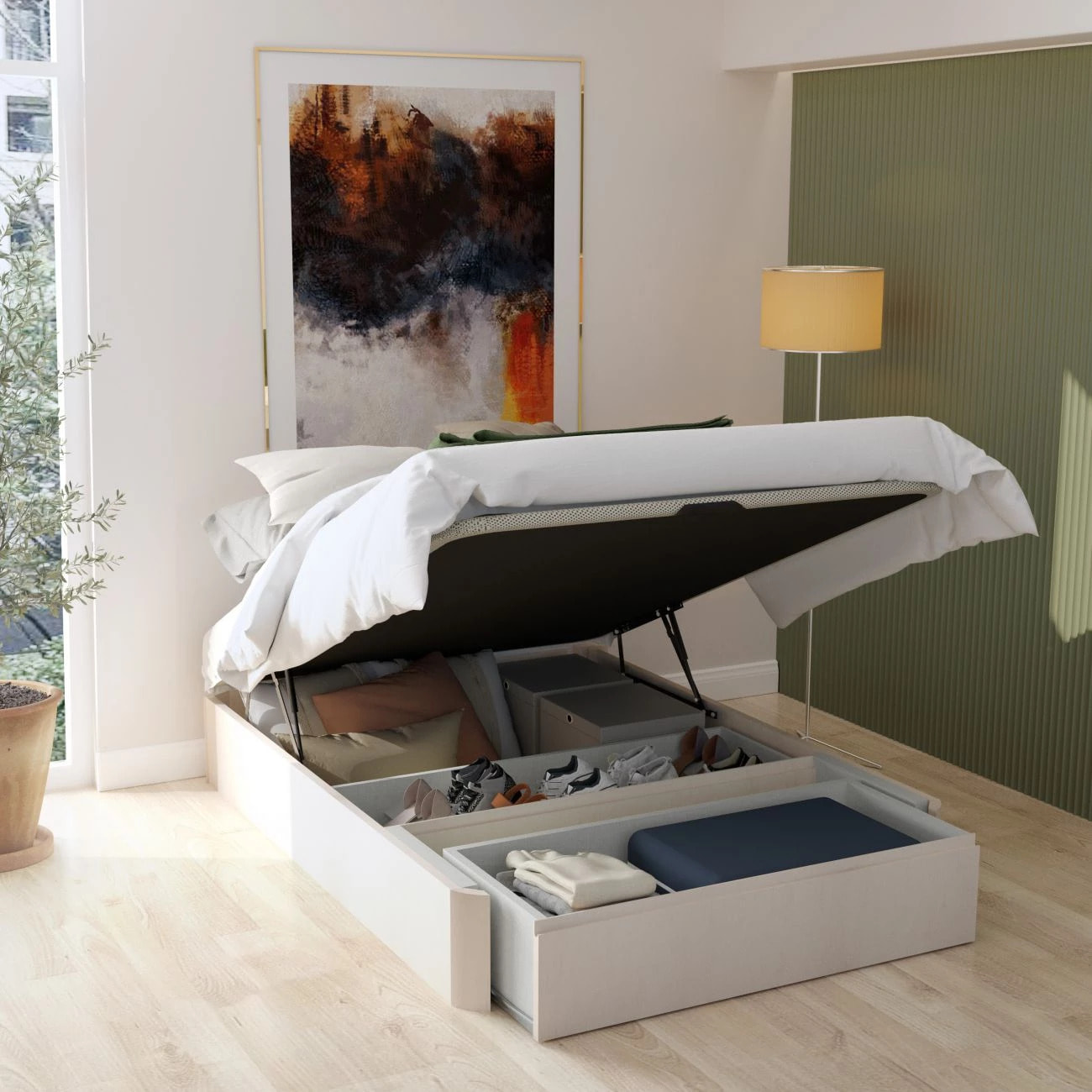 Canapé con cajón frontal con zapatero 135x190 cm en artic Luxury Premium 3D Artic