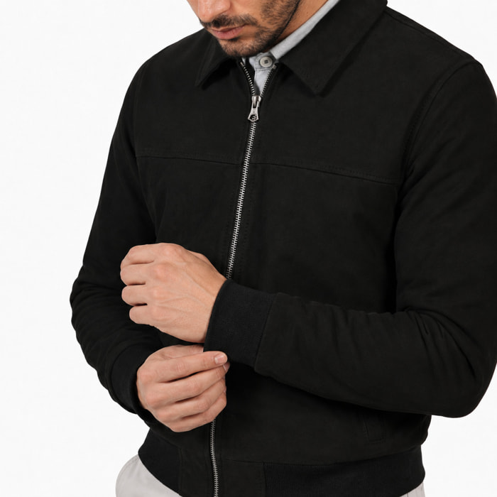 Giubbino in vera pelle di vitello scamosciata Nero-Slim Fit