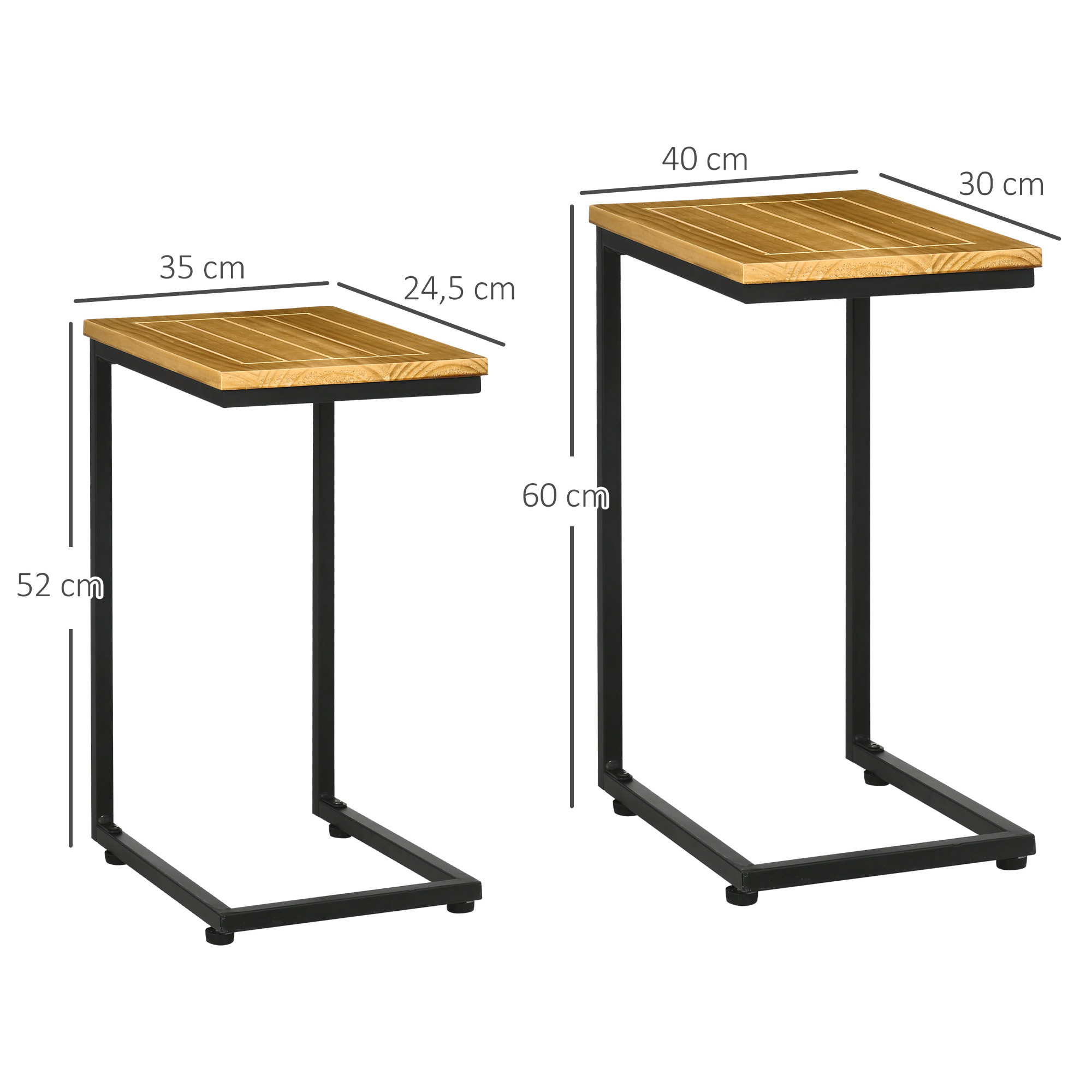 Lot de 2 tables basses gigognes de jardin - structure métal époxy noir plateau bois pin pré-huilé