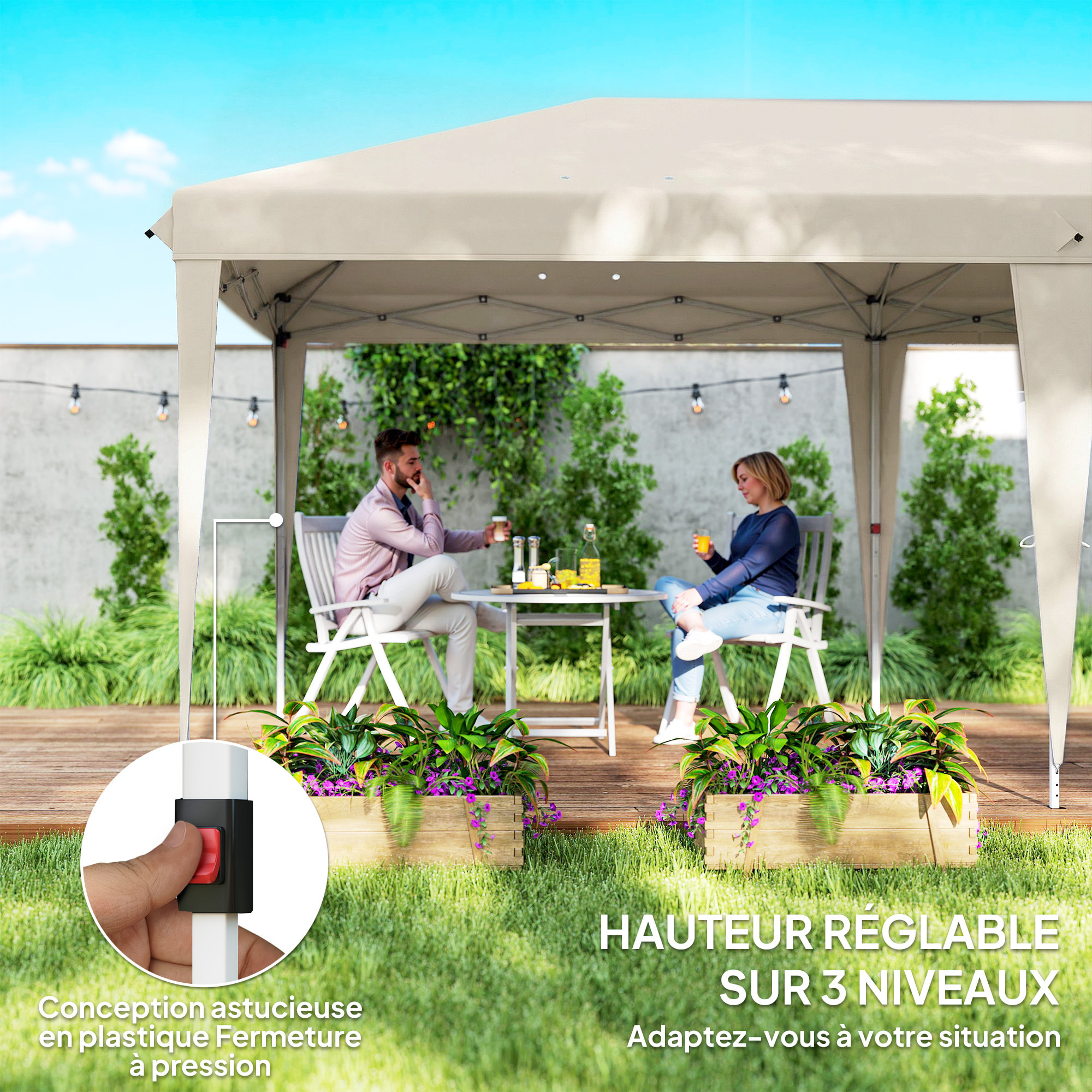 Tonnelle barnum pliant pop-up imperméabilisé 5,85L x 2,95l x 2,7H m 6 parois latérales amovibles 4 fenêtres + sac de transport beige