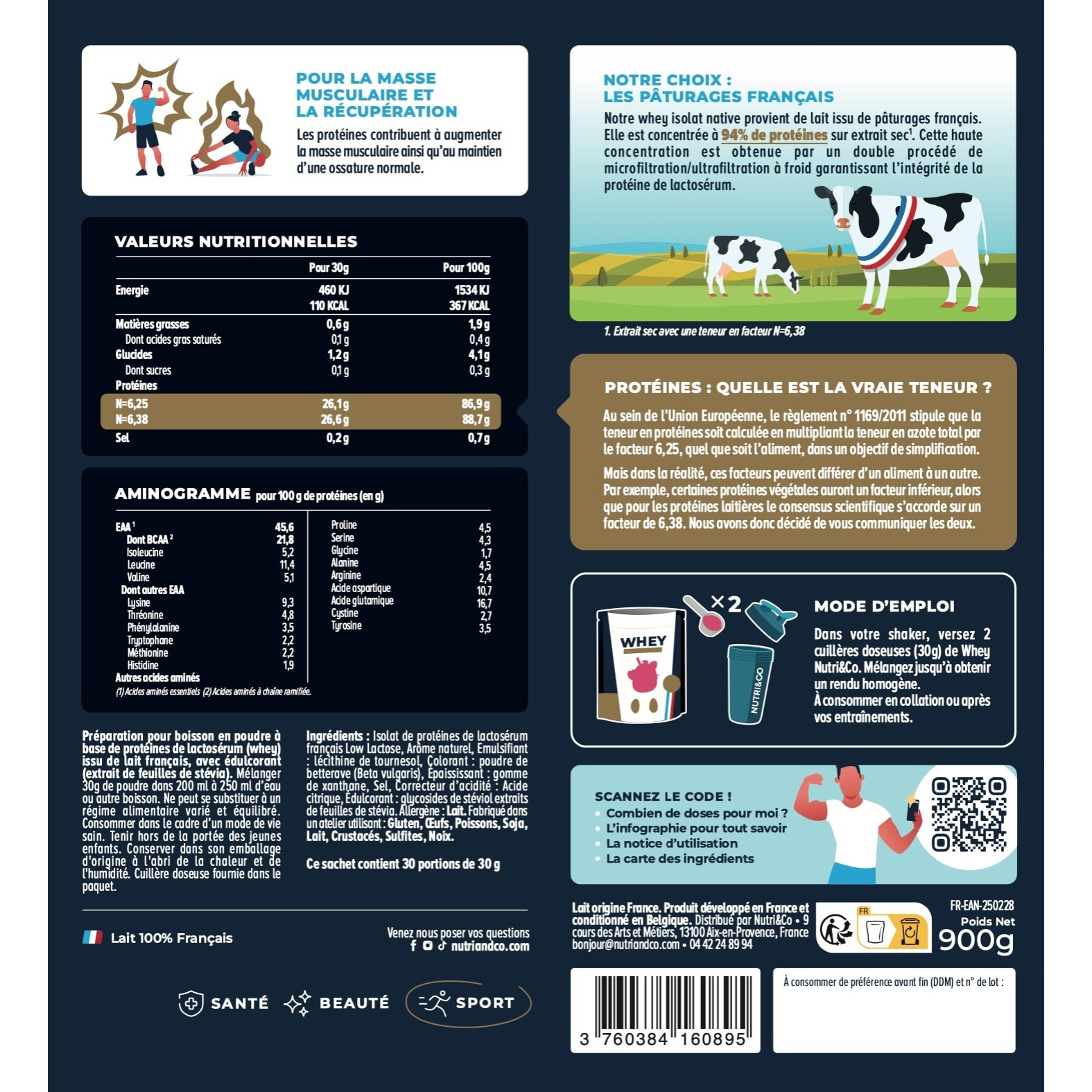 Nutri&Co Protéines Whey Isolat Native en poudre - 900gr Goût Milkshake Fraise