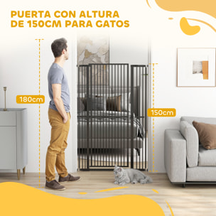 Barrera de Seguridad para Perros y Gatos Extra Alta 150 cm, Barrera para Perros Extensible 77-104 cm para Puertas y Escaleras, con Montaje a Presión, 2 Extensiones y Puerta de Paso, Negro