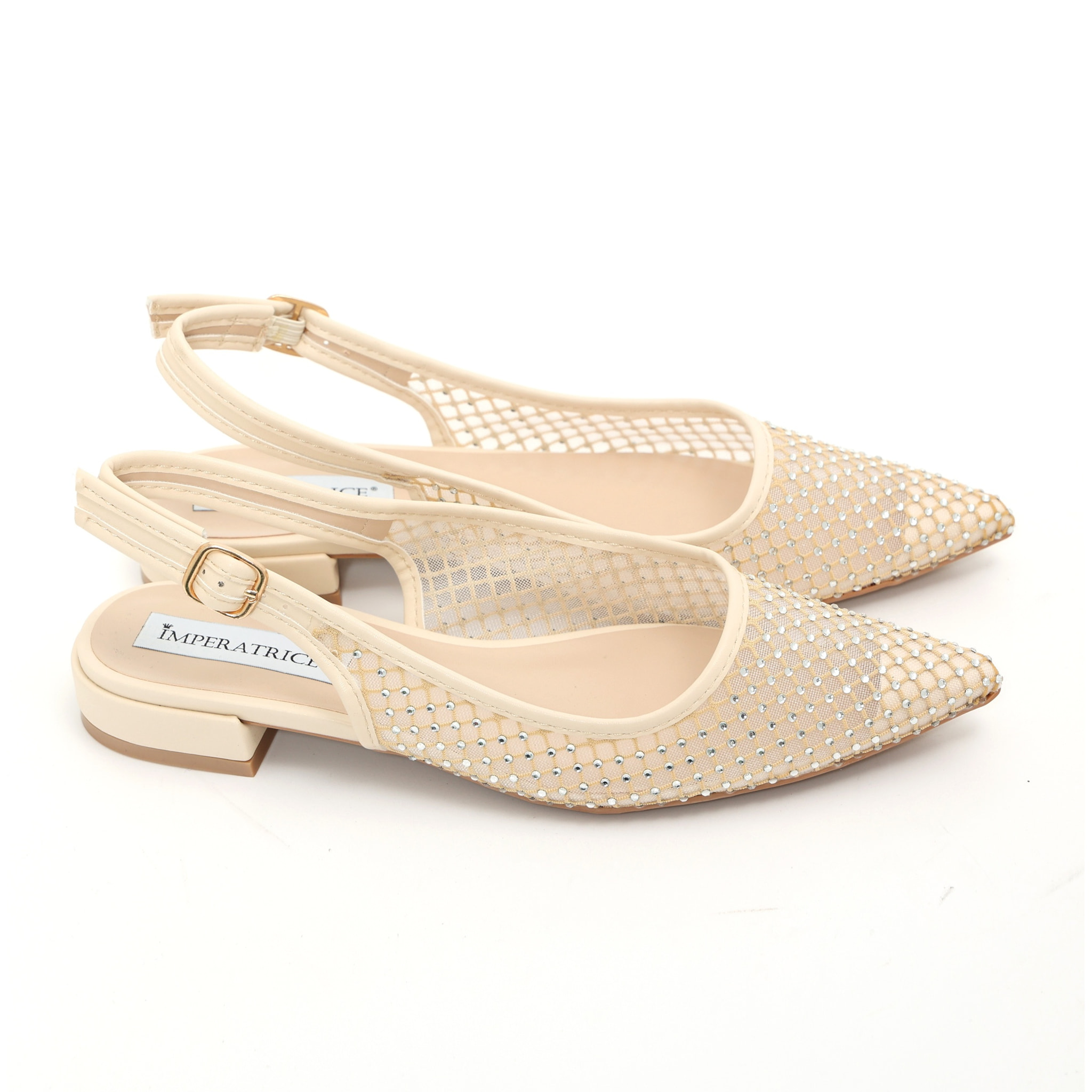 Ballerine slingback con tomaia semitrasparente ricoperta di strass