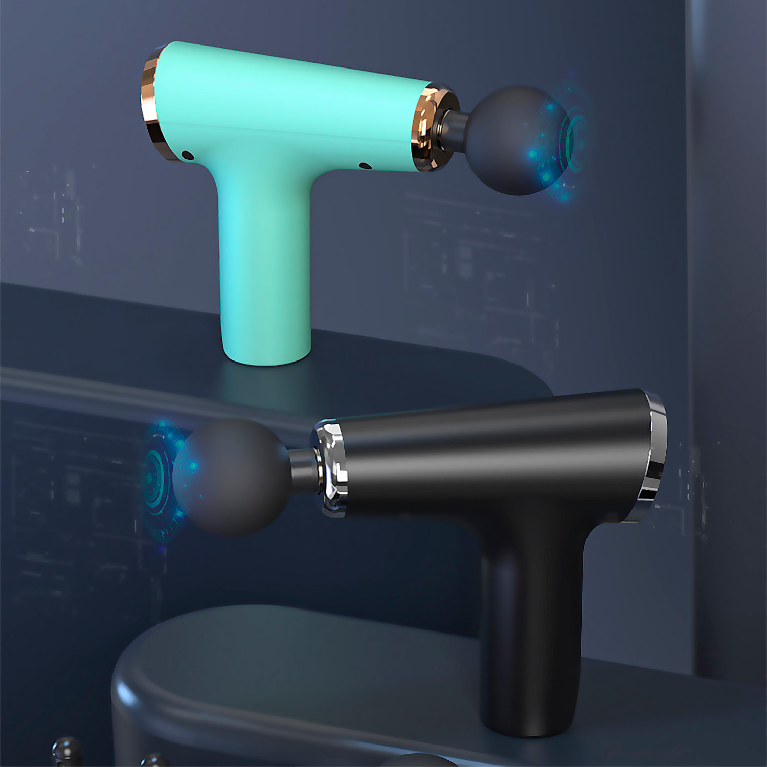 Mini pistola fascia per massaggio muscolare con 6 intensità e 4 teste di massaggio.