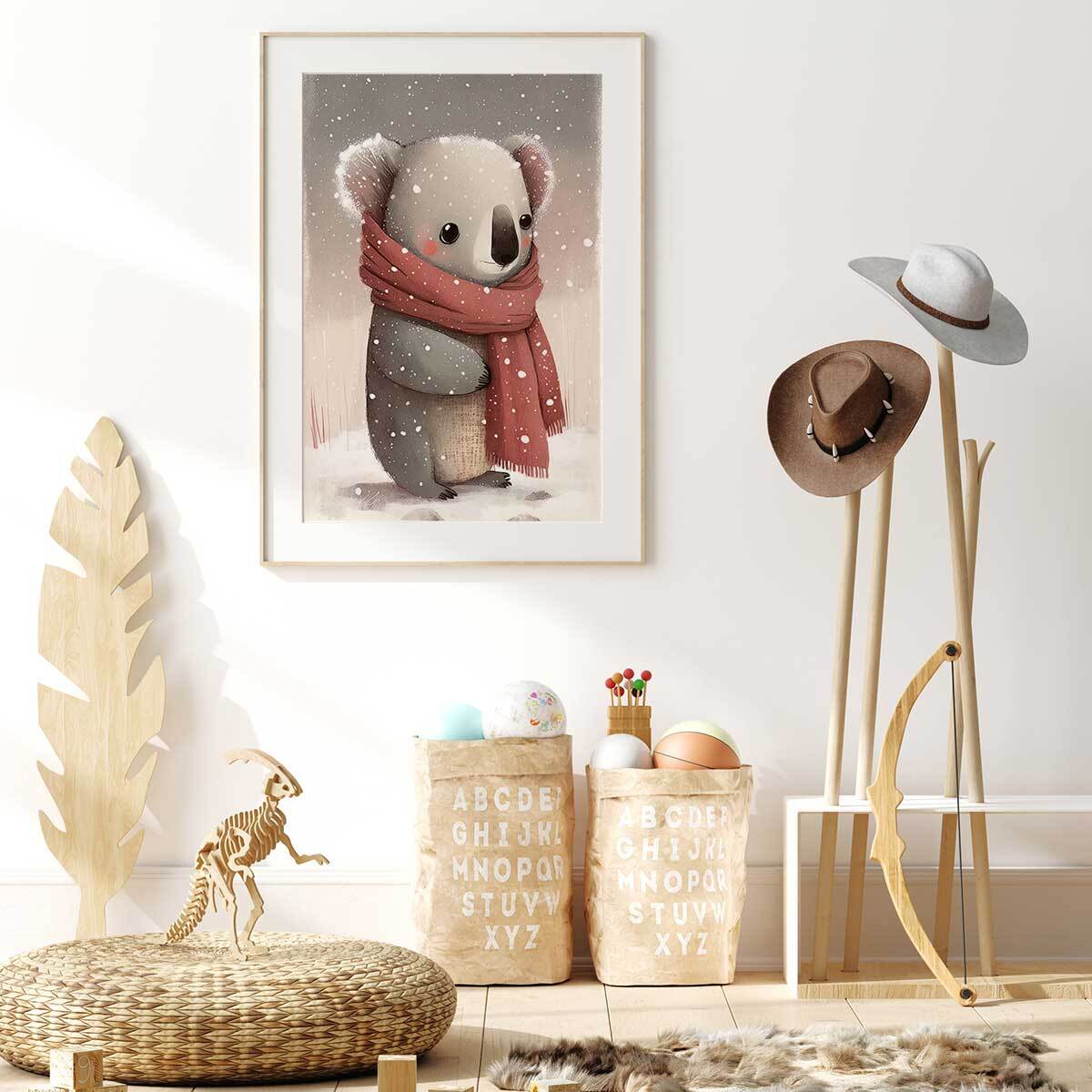 Affiche enfant koala sous la neige  Affiche + cadre en bois - Chêne