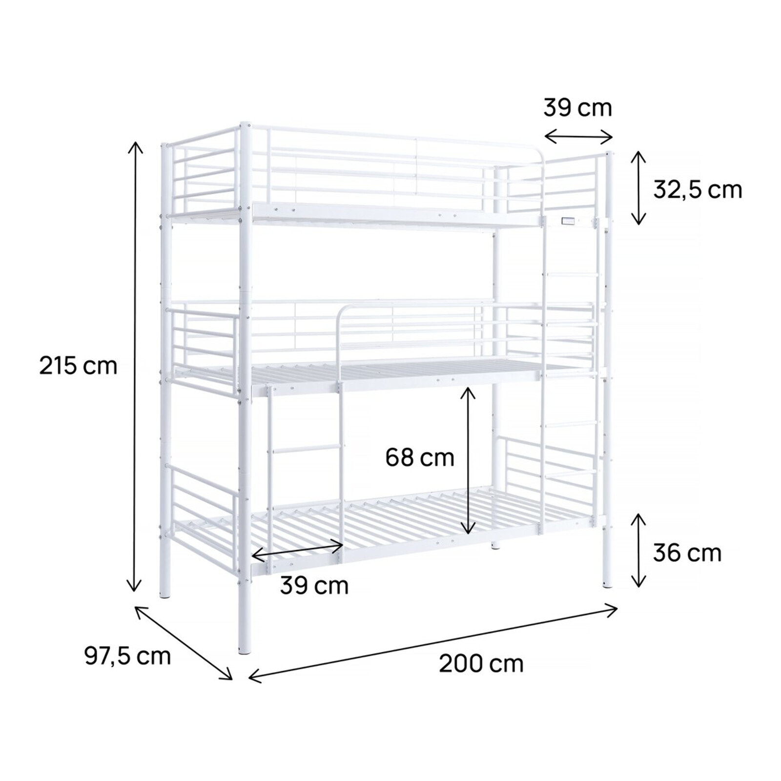 Lit triple superposé metal "Havin" - 90 x 190 cm - Blanc