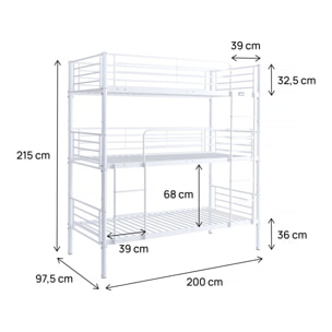 Lit triple superposé metal "Havin" - 90 x 190 cm - Blanc