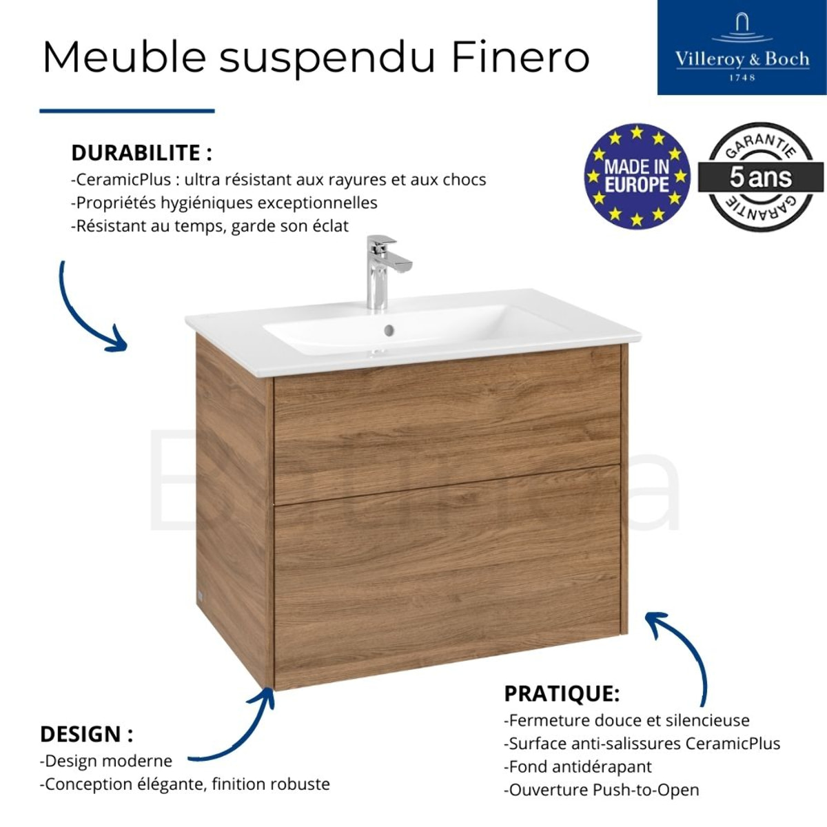 Set meuble avec vasque Finero Villeroy & Boch 80cm Chêne stone oak avec miroir avec éclairage