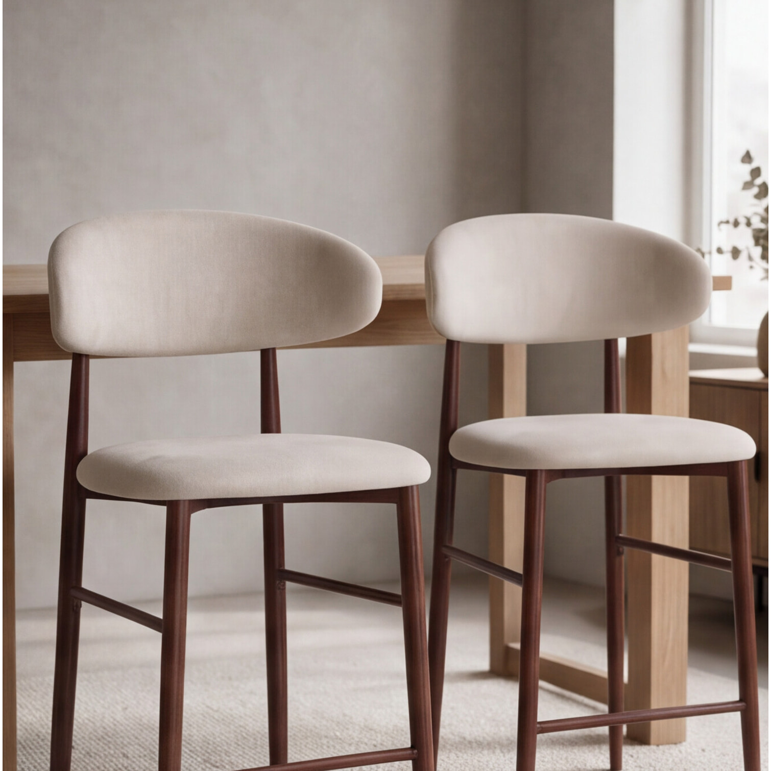 Lot de 2 tabourets de bar beige et métal effet bois foncé SIMON