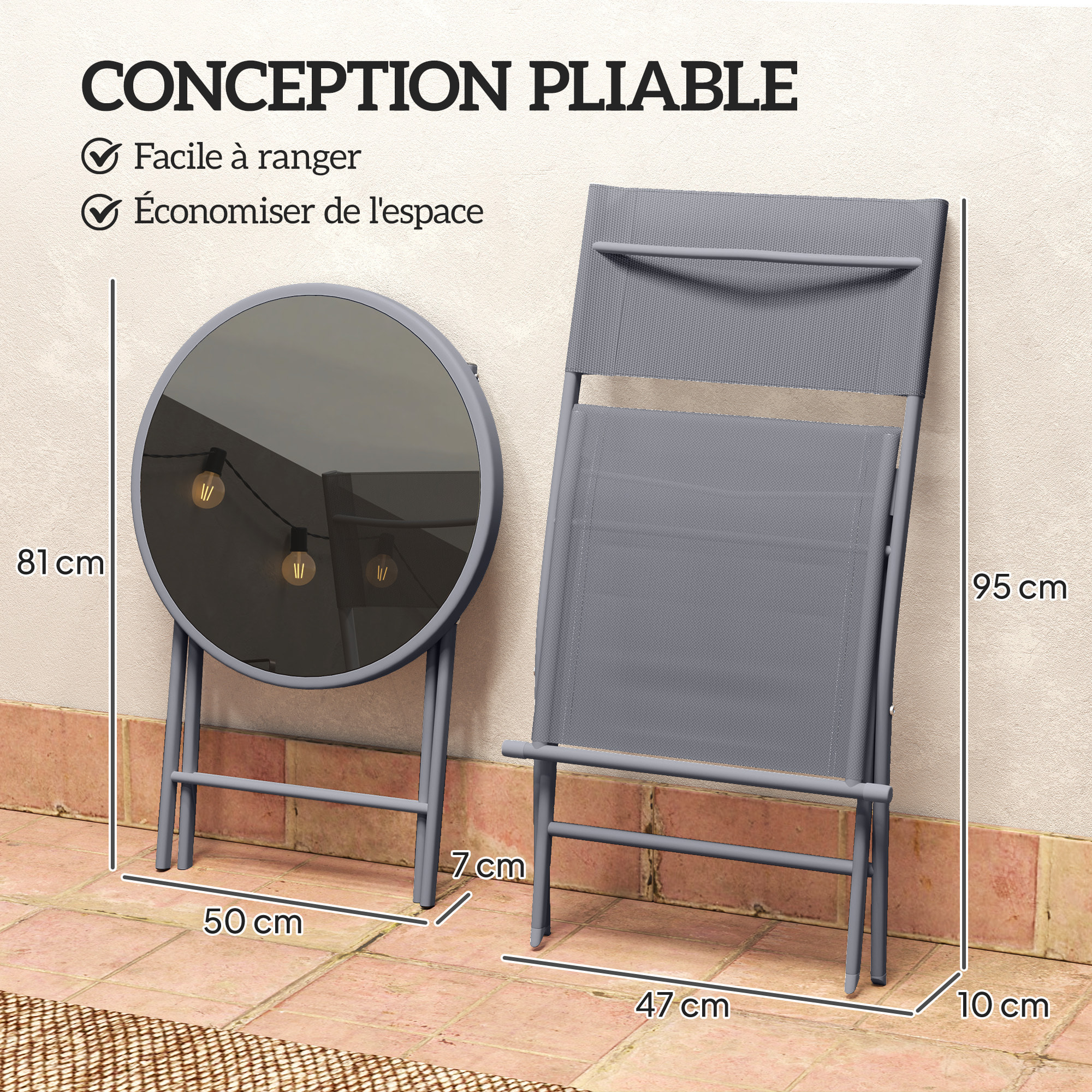 Ensemble jardin 2 personnes pliable - ensemble bistrot de jardin 3 pièces - métal époxy gris